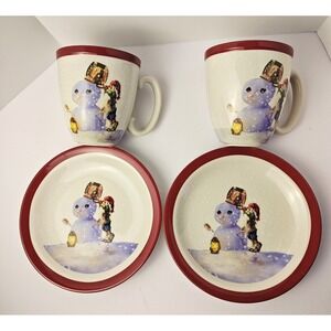 Williams Sonoma Nordic Elf Mug and Dessert Plates Set for 2, Elves Building Snow